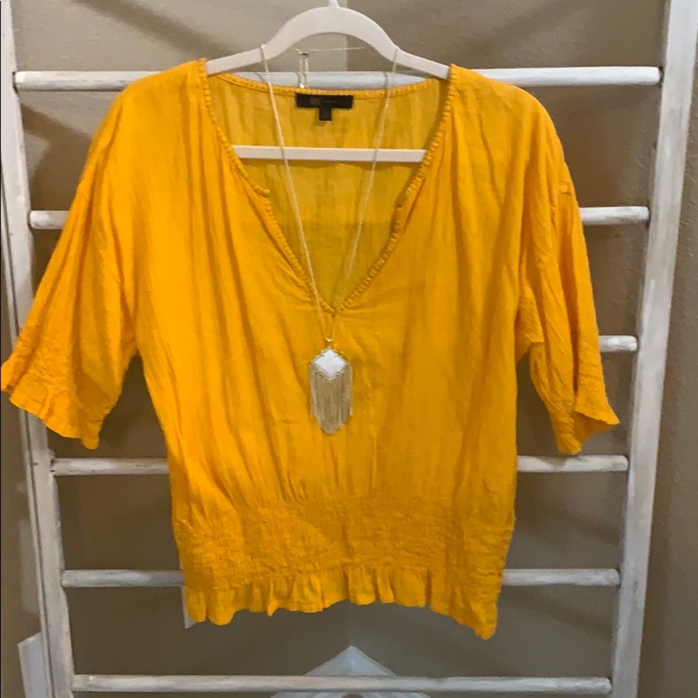 FRYE, Mustard Yellow pleated gather waist blouse L
